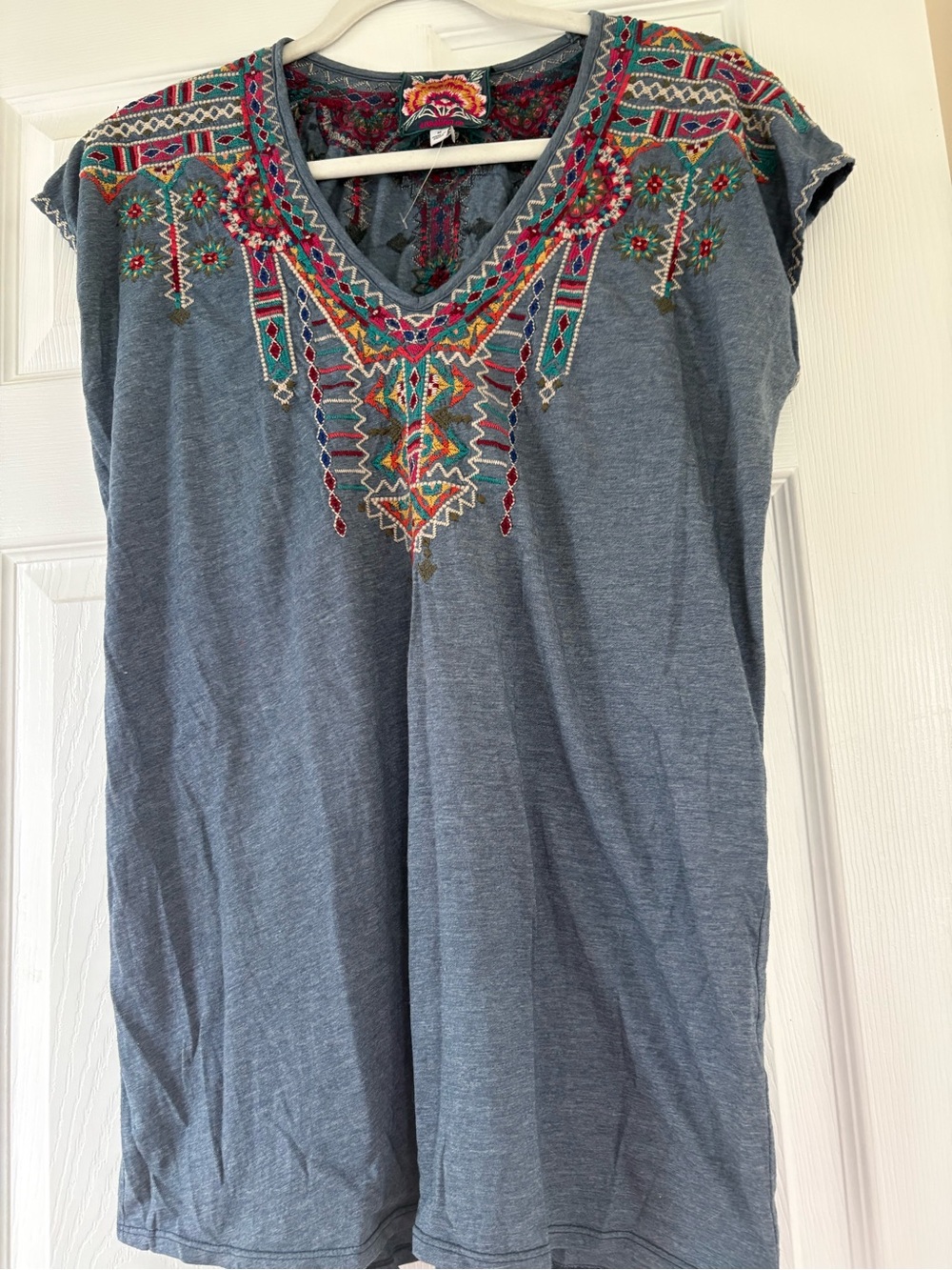 Johnny Was Blue V-Neck Tunic with Multicolor Embroidery